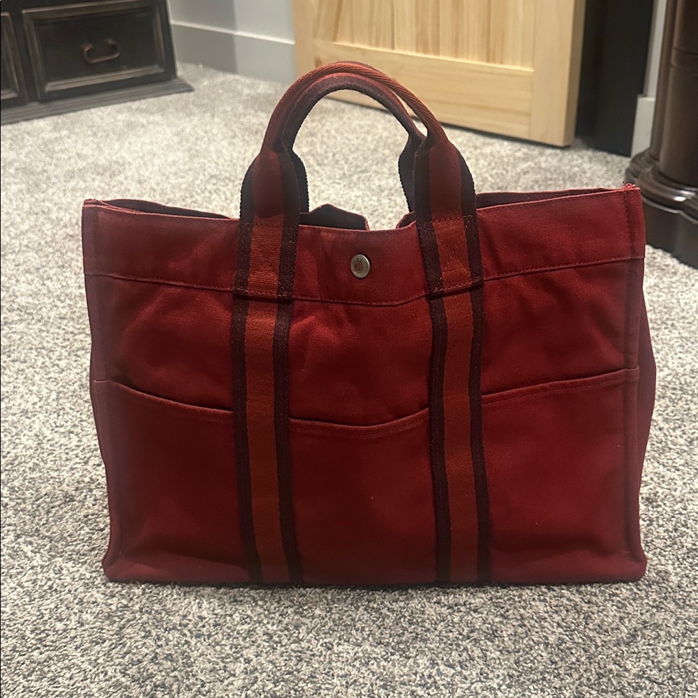 Hermes Red Canvas Tote Bag